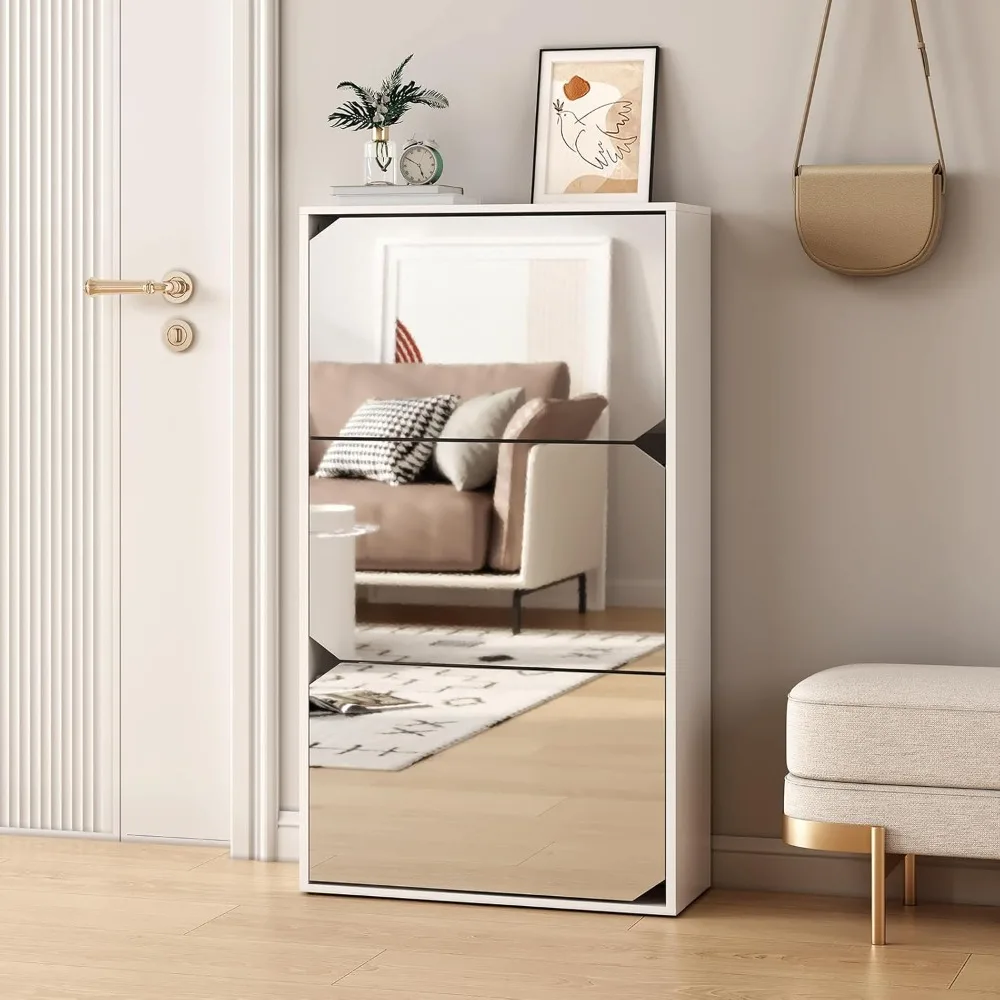 

Mirror Shoe Cabinet with 3 Flip Drawers,Freestanding Shoe Cabinet Storage with Anti-Tip Design,Narrow Shoe Organizer Rack