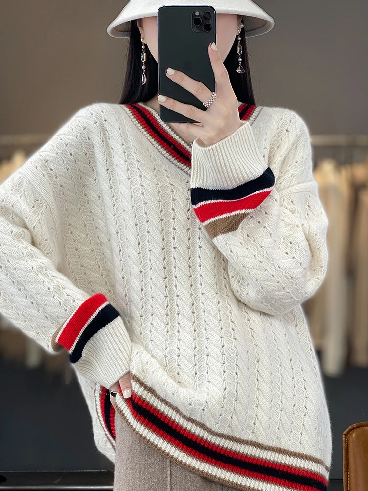 Addonee Women V-neck Sweater Preppy Style Loose Pullover Autumn Winter 100% Merino Wool Hollow Long Sleeve Cashmere Knitwear Top