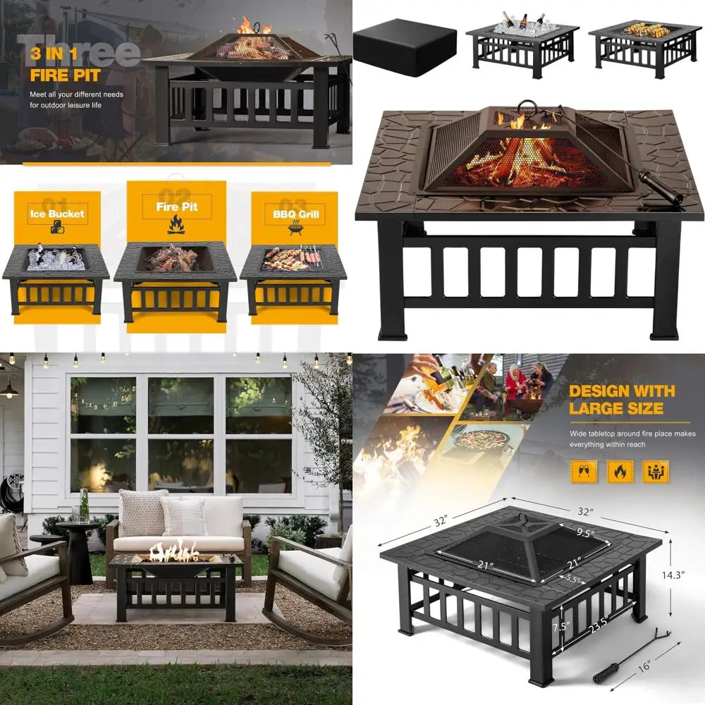 

32-дюймовый уличный стол для костра с водонепроницаемым чехлом для патио и кемпинга (черный)