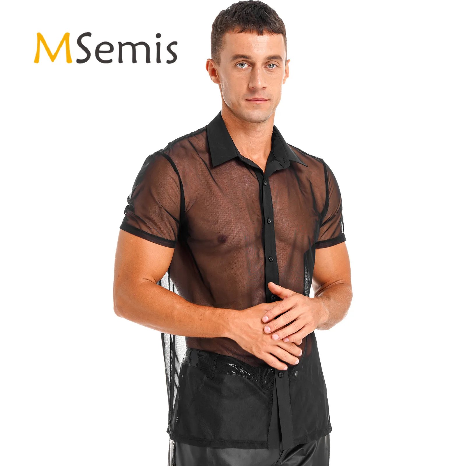 Mens Shirt Tops See Through Mesh Short Sleeve Shirt Rave Clothing Turn-Down Collar Button Sheer Tops Festival Party Clubwear