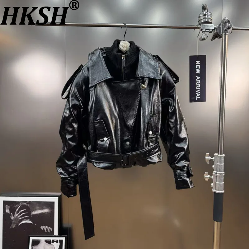 

HKSH Spring Autumn New Women's Jacket Fake Two-Piece Knitted Patchwork PU Leather Large Lapel Belt Chic Punk Trendy Coat HK15144