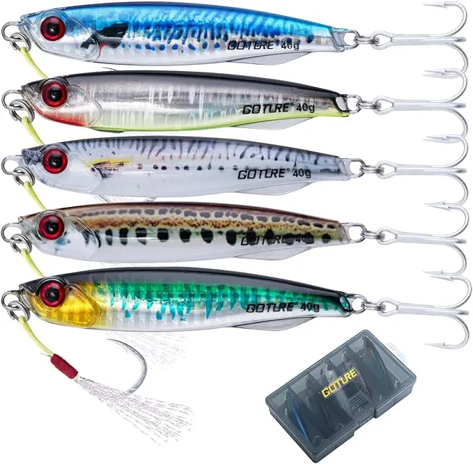 

Goture 5PCS Slow Sinking Jigs with Box 40g/60g Vertical Jigging Lures with Assist Treble Hooks Metal Baits for Salt/Freshwater