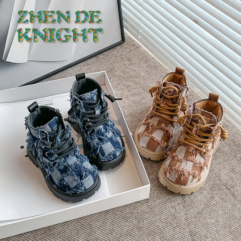 

Джинсовые и кожаные детские полусапожки в британском стиле с круглым носком и боковой молнией, модные ботильоны для мальчиков и девочек, зимние