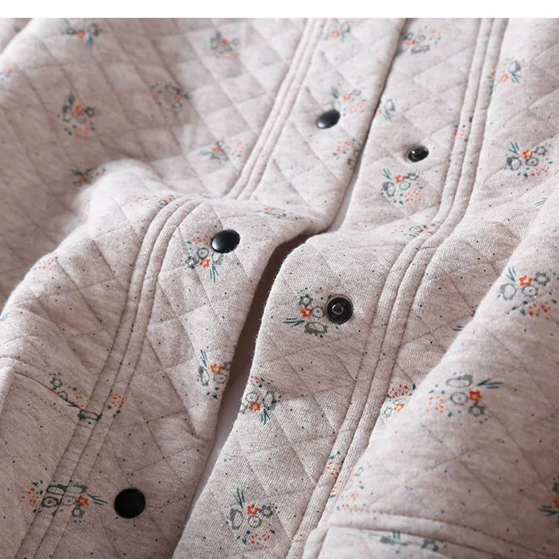 Damen Neue Herbst Und Winter Warme Baumwolle Gefütterte Jacke Mantel Blumenmuster Baumwolle Single-Breas Tasche Rundhals Uniform mantel