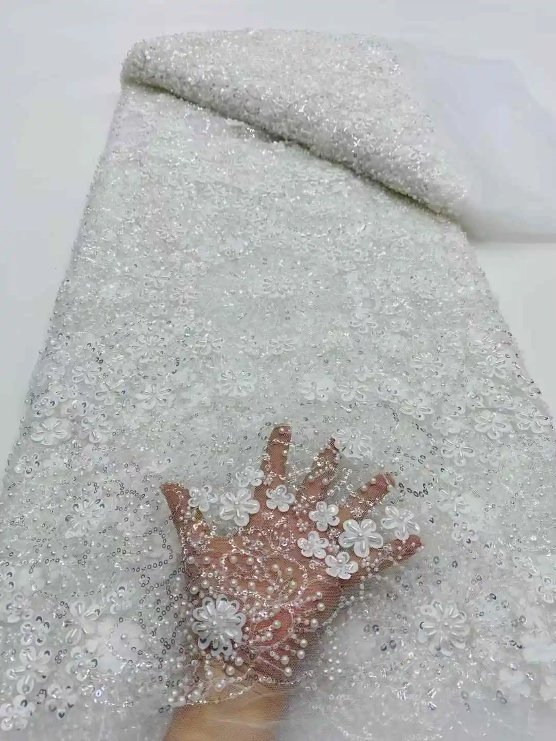 Latest French Mesh Lace Beads Fabric High Quality African Nigerian Tulle Mesh Lace Luxury Wedding Dresses For Women-DP