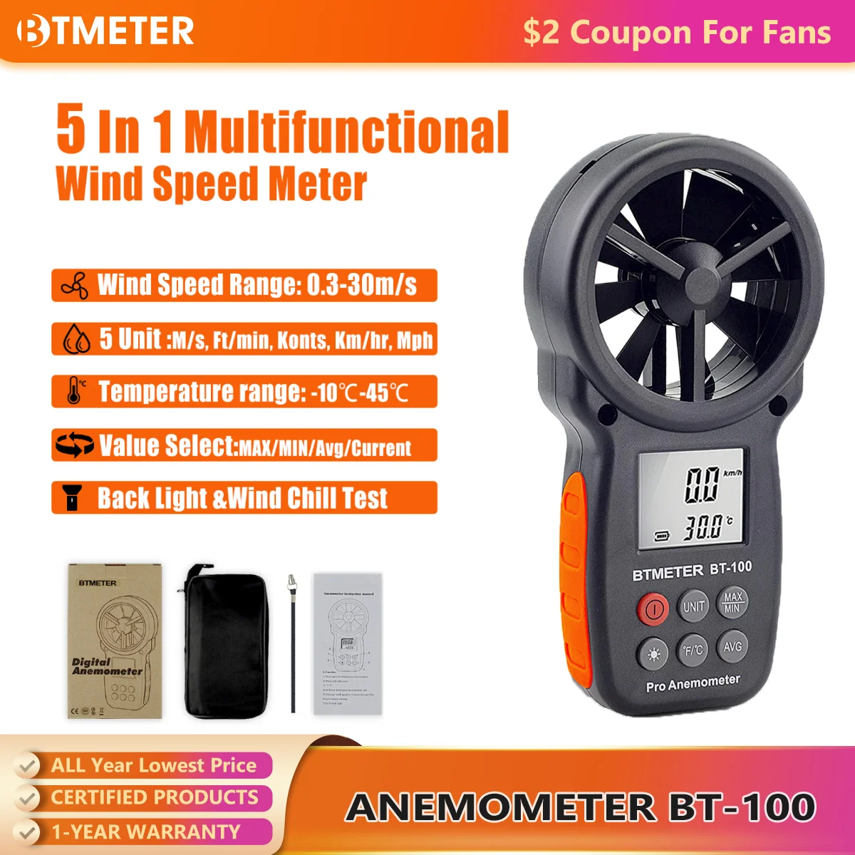 BTMETER BT-100 Ręczny anemometr cyfrowy, mierniki prędkości wiatru 0-30 m/s, czujnik prędkości wiatru dla UAV ， Przygoda wiatrowa, strzelanie surfingowe