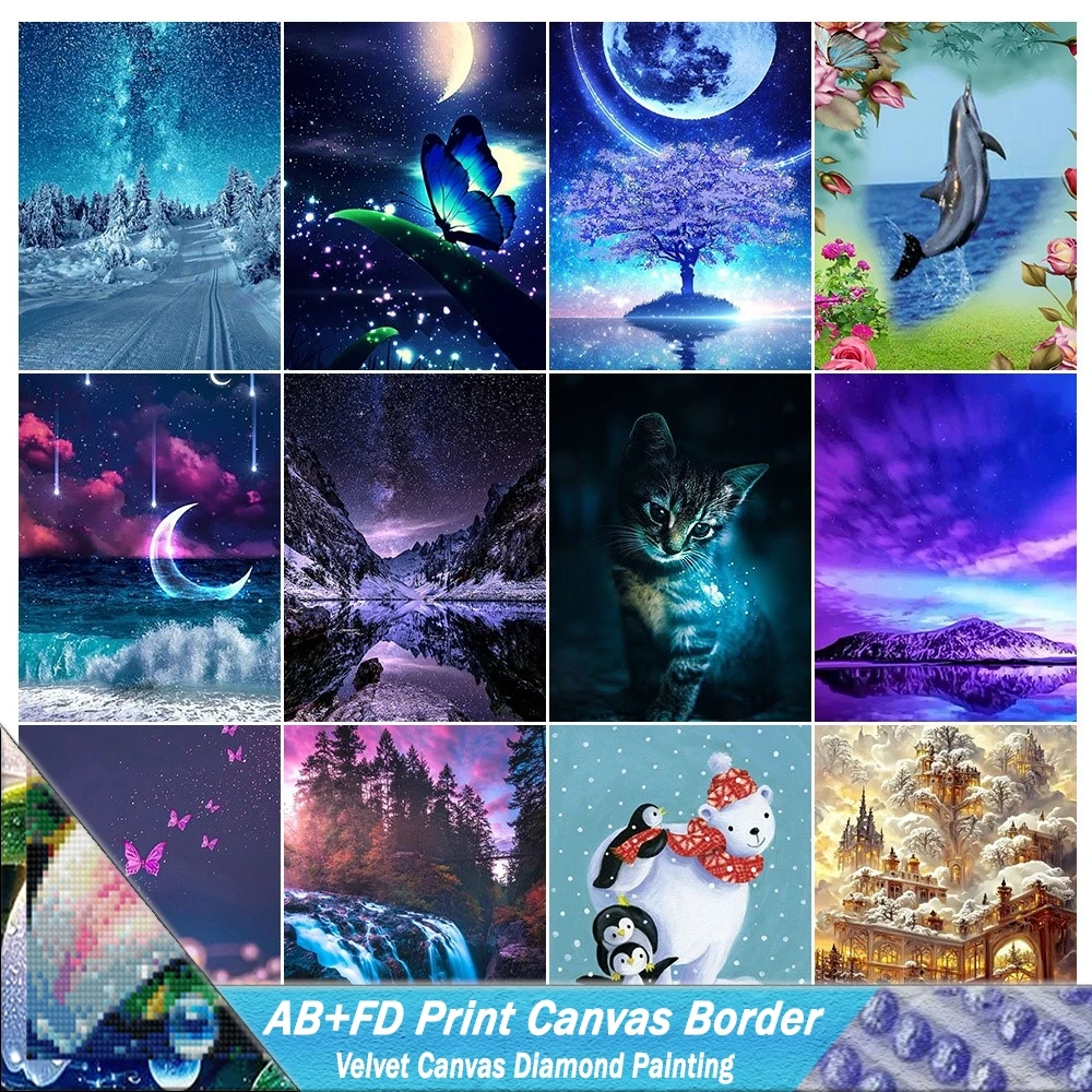 5D DIY AB FD Print Canvas Border Diamond Painting Landscape Picture Snow Starry Sky Butterfly Moon Mosaic Handwork Embroidery