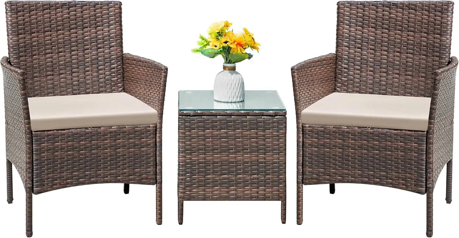 Patio Furniture Set 3 Pieces All-Weather Rattan Outdoor Furniture Patio Chairs with Tempered Glass Table forPorch Bistro Balcony