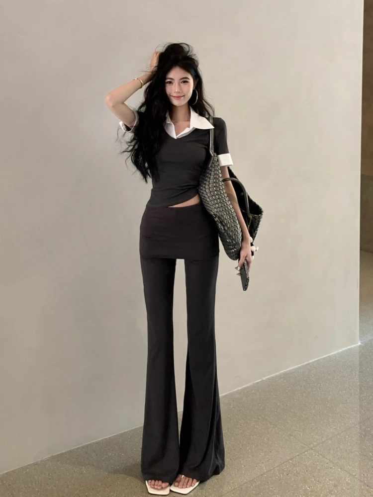 2025 nova cor outono blo fino ajuste ort sve conjunto casual cor pura micro flare calças compridas faionable conjunto feminino