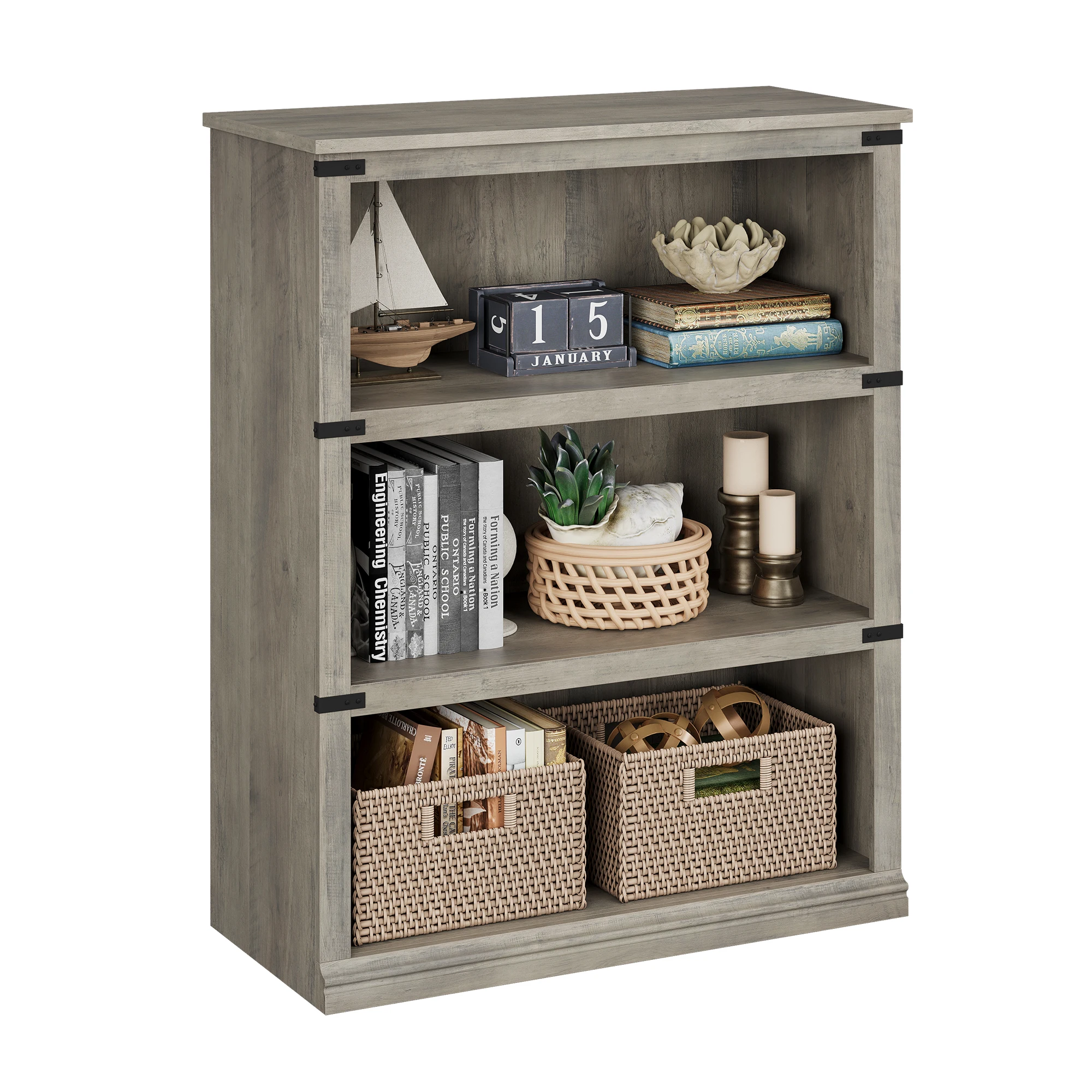 3-stöckiges Farmhouse-Bücherregal mit Stauraum, offenes Display-Bücherregal, hohes Bücherregal, Holzmöbel für Büro und Wohnzimmer – Detail 1