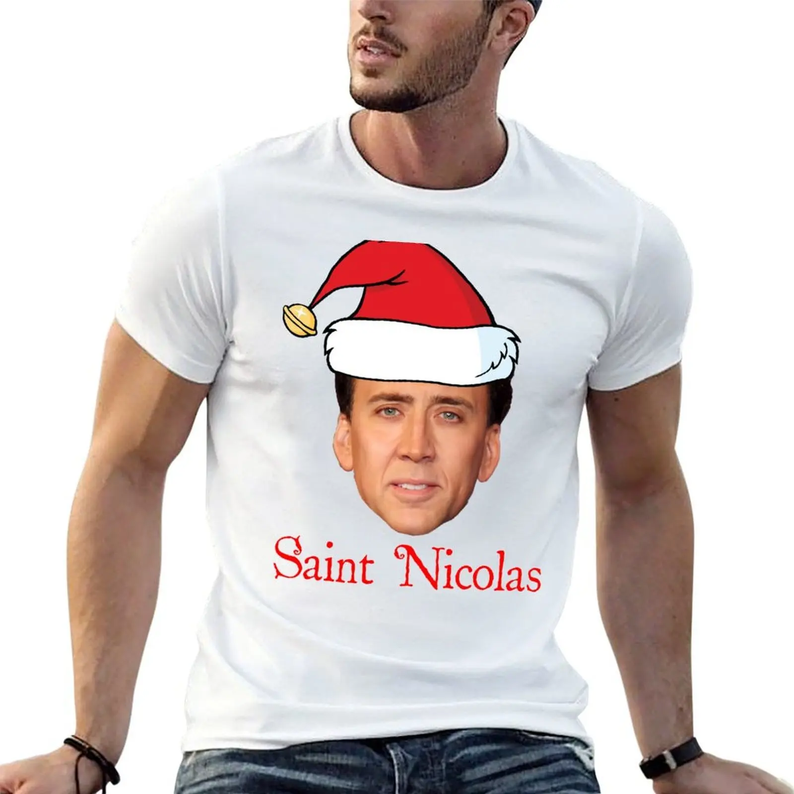 Saint Nicolas Cage Christmas T-Shirt aesthetic clothes cotton graphic tees mens t shirt