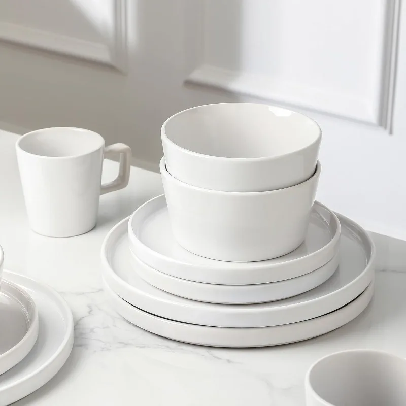 Celina Modern Stoneware 16-Piece Dinnerware Set, Plates and Bowls Set, White Glossy, Dish Set Service For 4