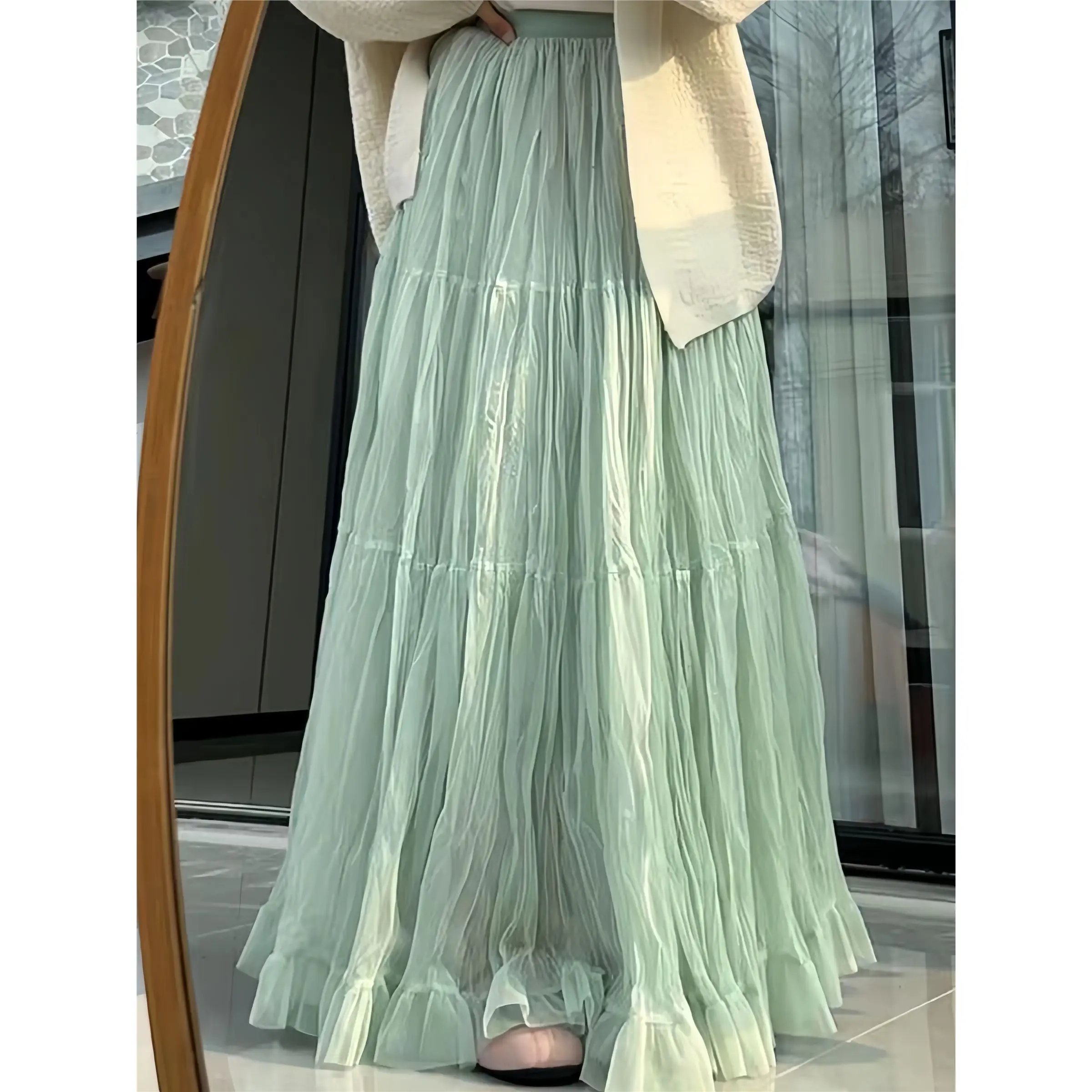 Long Pleated Skirt Women A-line Mesh Tulle Maxi Skirt Yellow White Blue Black Pink Morigirl Spring Summer Korean Popular Clothes