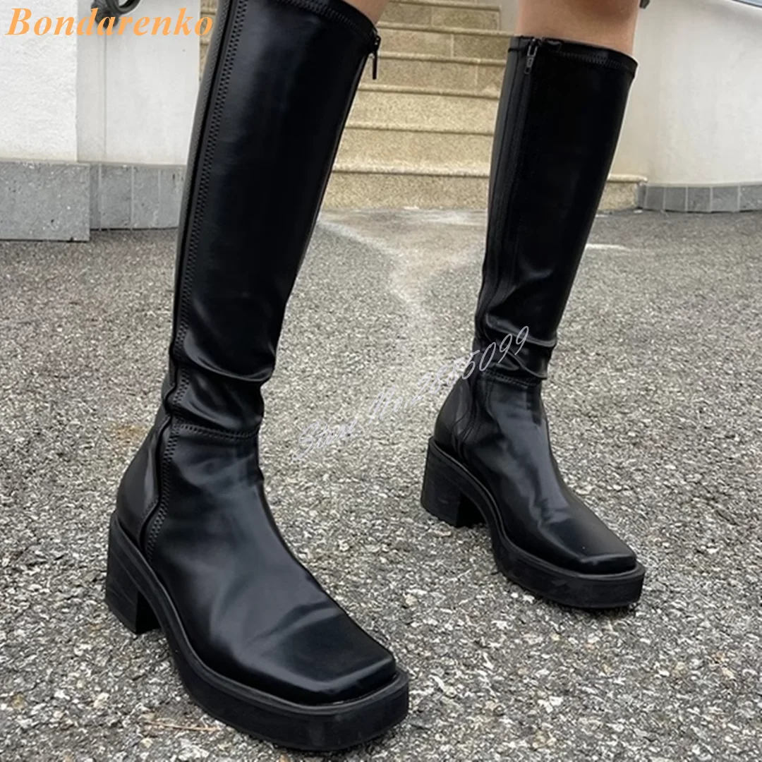 

Platform Square Toe Boots Chunky High Heels Thin Boots Women New Style Shoes Side Zipper Solid Knee High Autumn Winter Party