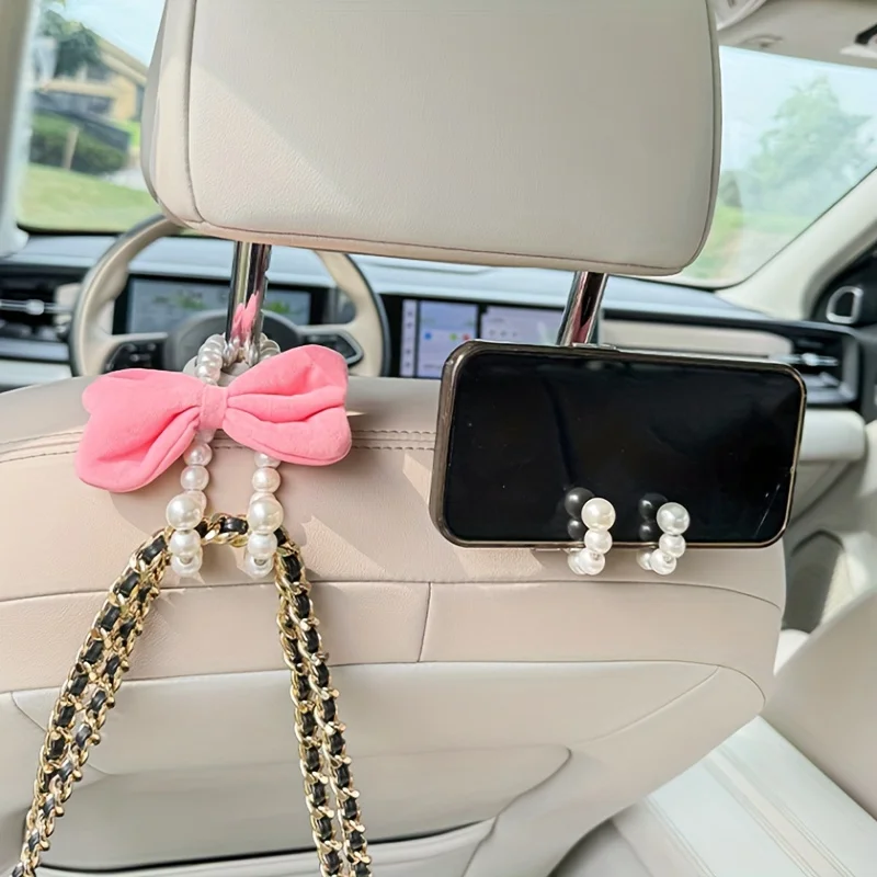 2pcs Car Rear Seat Hook White Pearl Cute Bow Hanger Hook Closed Design Auto Hook Stainless Steel Headrest Hooks Car Accessorie view 3