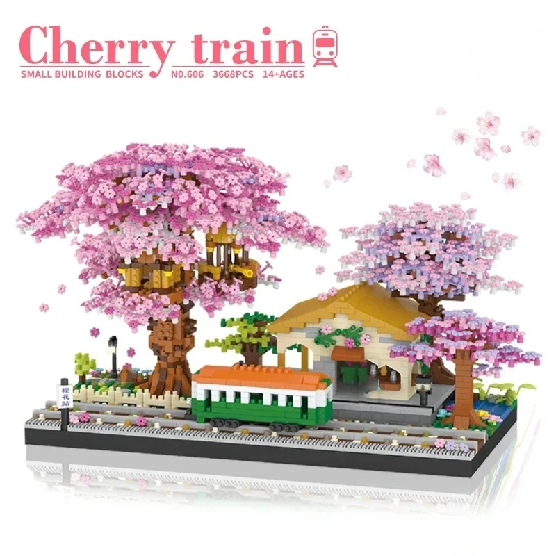 

3668pcs Sakura House Tree Trains Station Building Blocks Cheer Flowers City Street View Assemble Bricks Collection Adult Toys