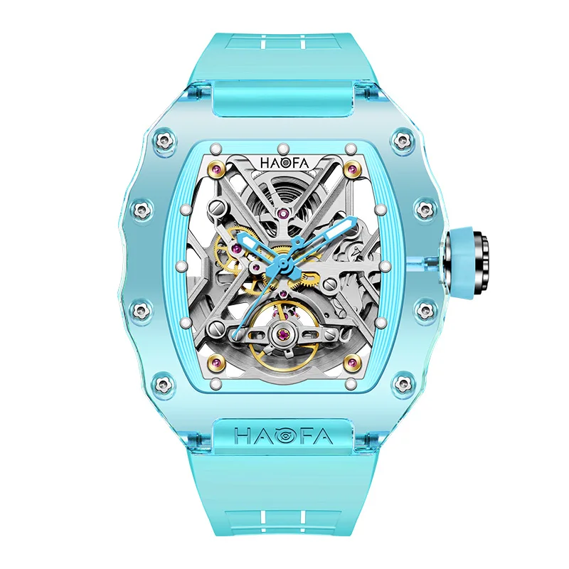 Haofa Crystal Mechanical Watches for Men Luxury Transparent Skeleton Wristwatch Waterproof Luminous Mens Automatic Watch 2203