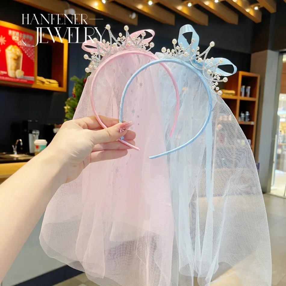 Girl Korean Version Princess Floating Yarn Headband Three-dimensional Pearl Crown Bow Versatile Western Style Hair Headband TM04