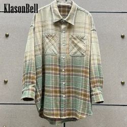 8.24 KlasonBell Fashion Vintage Plaid Print Washed Distressed Shirt For Women Double Pocket Loose Long Sleeve Cotton Blouse