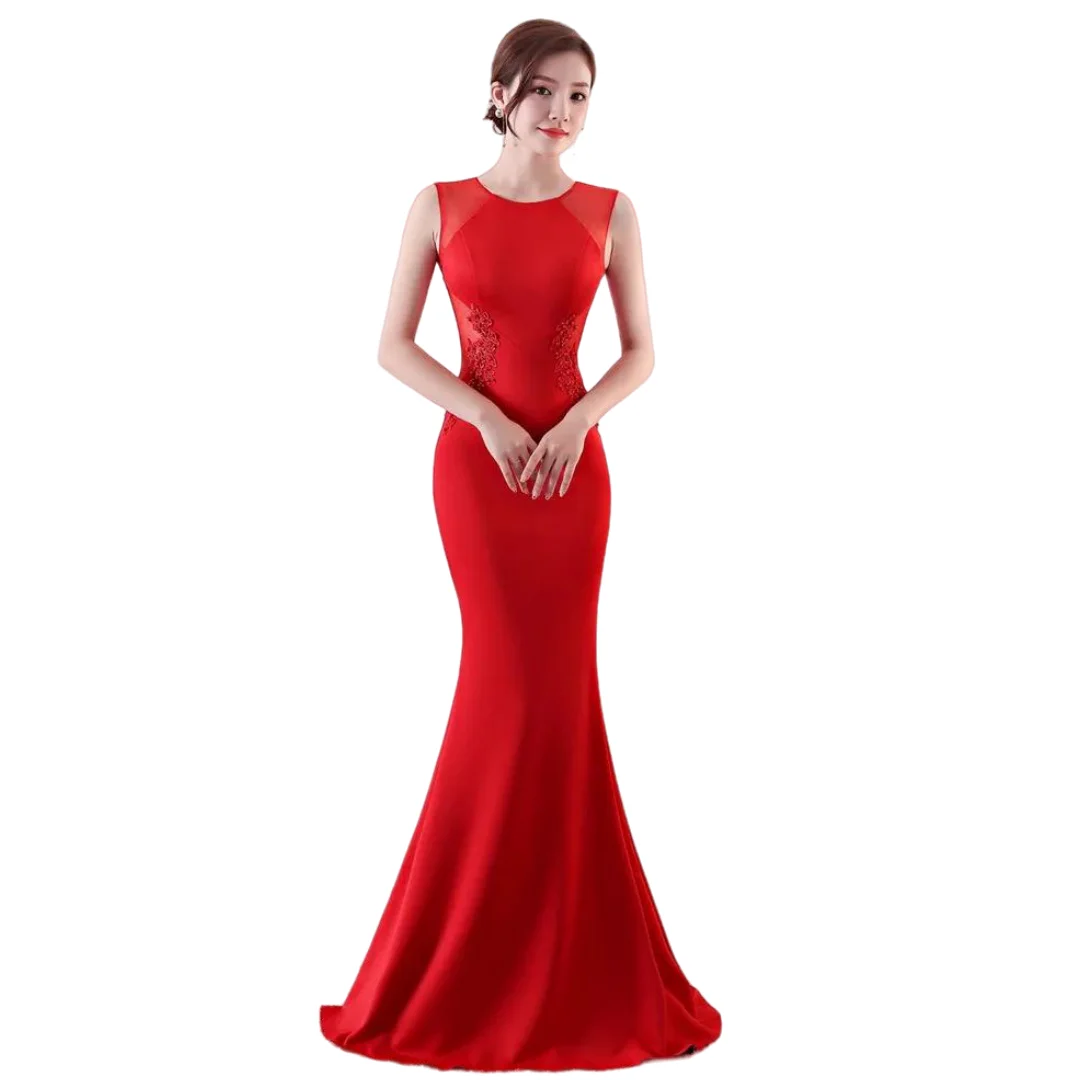 Real Photo Evening Dress Red Appliques O-Neck Mermaid Robe De Soiree Sleeveless Floor Length Zipper Women Party Formal Gown C188