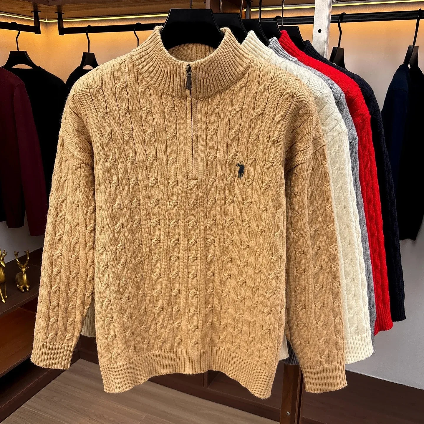 Mode Halb-Reißverschluss Pullover Herren Herbst Winter Wärme neue schöne Zipper Design Luxusmarke Golf Pony Stickerei Stricken Sweater – Detail 9
