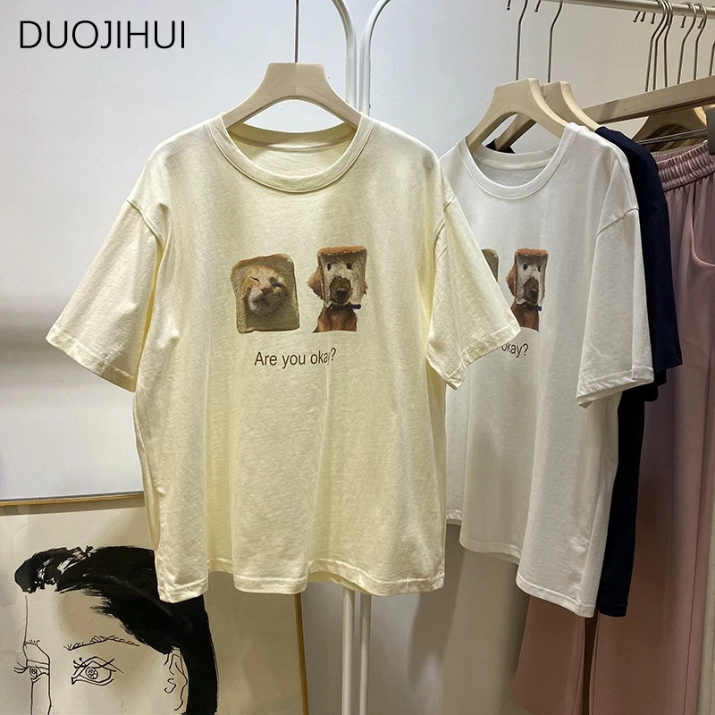 DUOJIHUI Navy Blue Summer Chicly Printing Casual Women T-shirts New Contrast Color Fashion Simple Office Ladies Female T-shirts