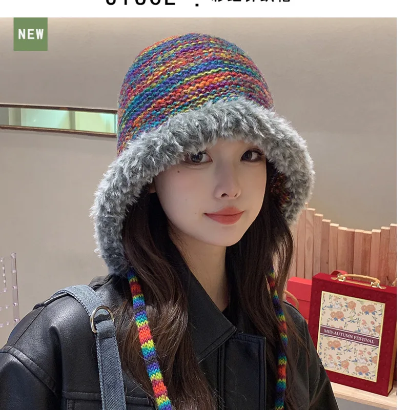 

The new rainbow knitted hat with plush edge and binding woolen hat trend is simple and warm