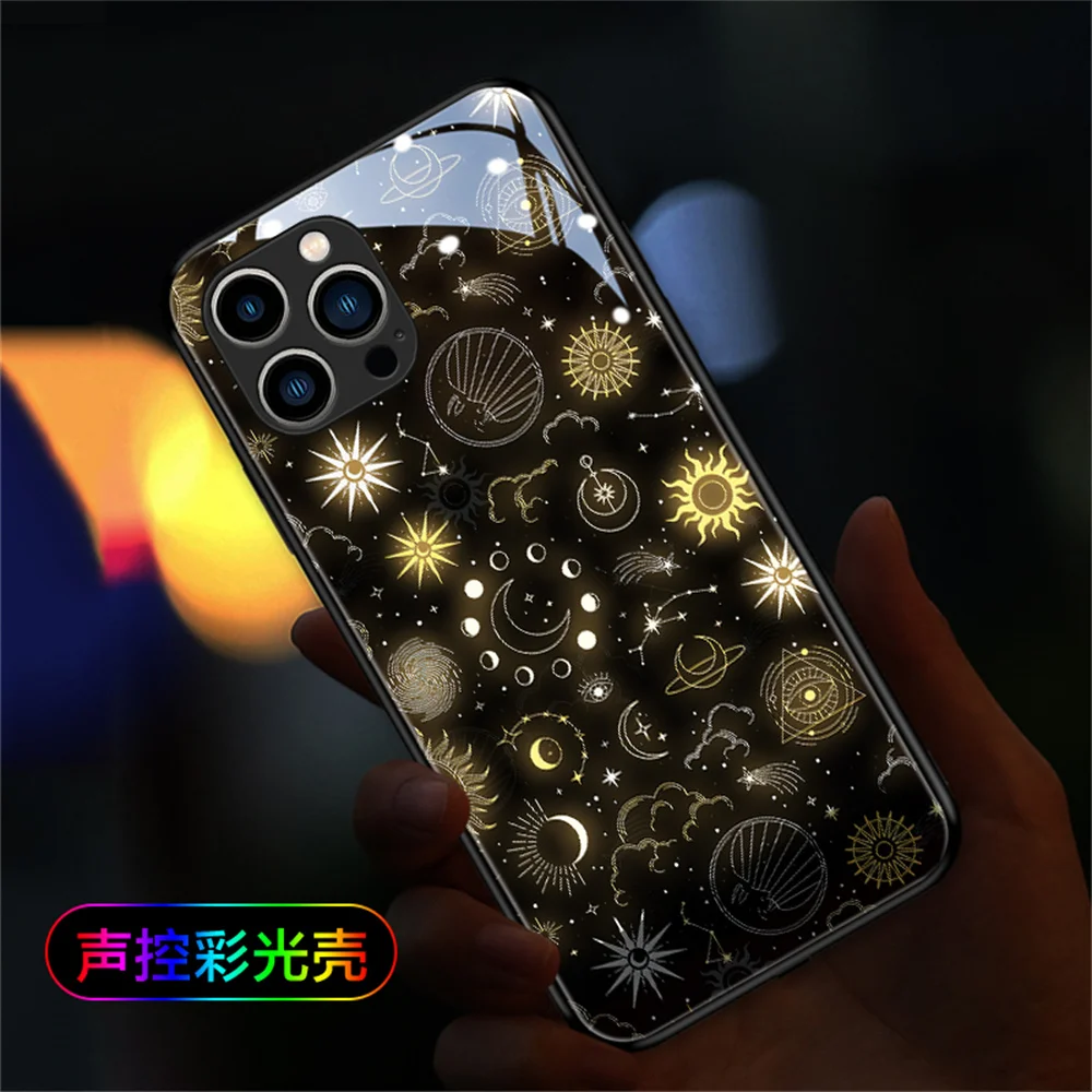 

Dark Space LED Light Glowing Luminous Tempered Glass TPU Border Phone Case For iPhone 15 14 13 12 11 X Xs Xr Mini Pro Max Plus