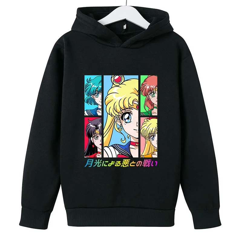 Sailor Moon Hoodie with Hat for Children Cartoon Printed Kawaii Sweatshirt Winter Spring Kid Clothing Long Sleeve Hooded Clothes