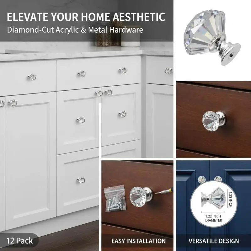 Picture 4: Furniture knobs, 12-pack, 31 mm cabinet knobs made of acrylic & zinc alloy, drawer knobs, solid diamond-shaped kitchen knobs, knobs with screws for bathrooms, cabinets, drawers
