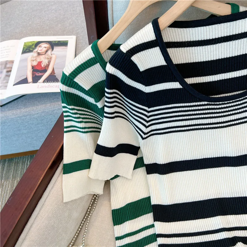 Summer Women\'s Stripe Sweater 2023 O-Neck short sleeve Knitted Casual Loose Thin T-shirt Large Size 4XL Female Pullover Mujer