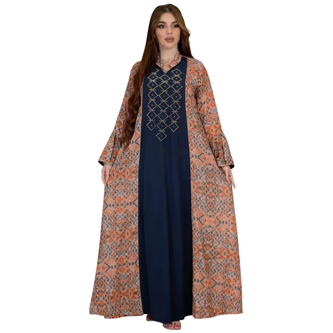 Dubai Stampato Abaya Donne Musulmane Diamanti Maxi Vestito Ramadan Caftano Turchia Caftano Arabo Abbigliamento Islamico Marocco Femme Abiti