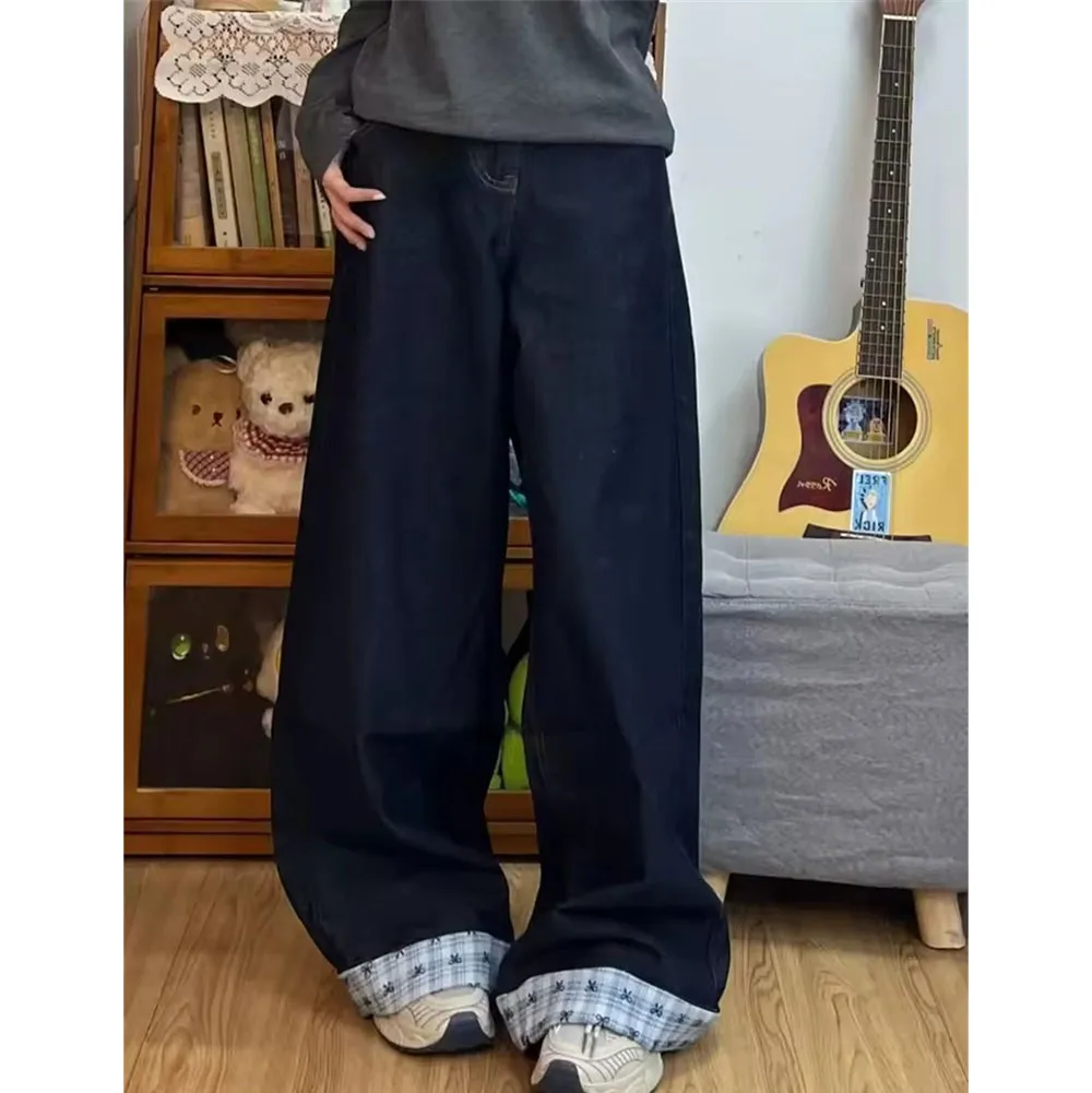 Retro washed  bow checkered patchwork jeans women in spring embroidered high waisted loose fit wide leg floor length pantsFemale