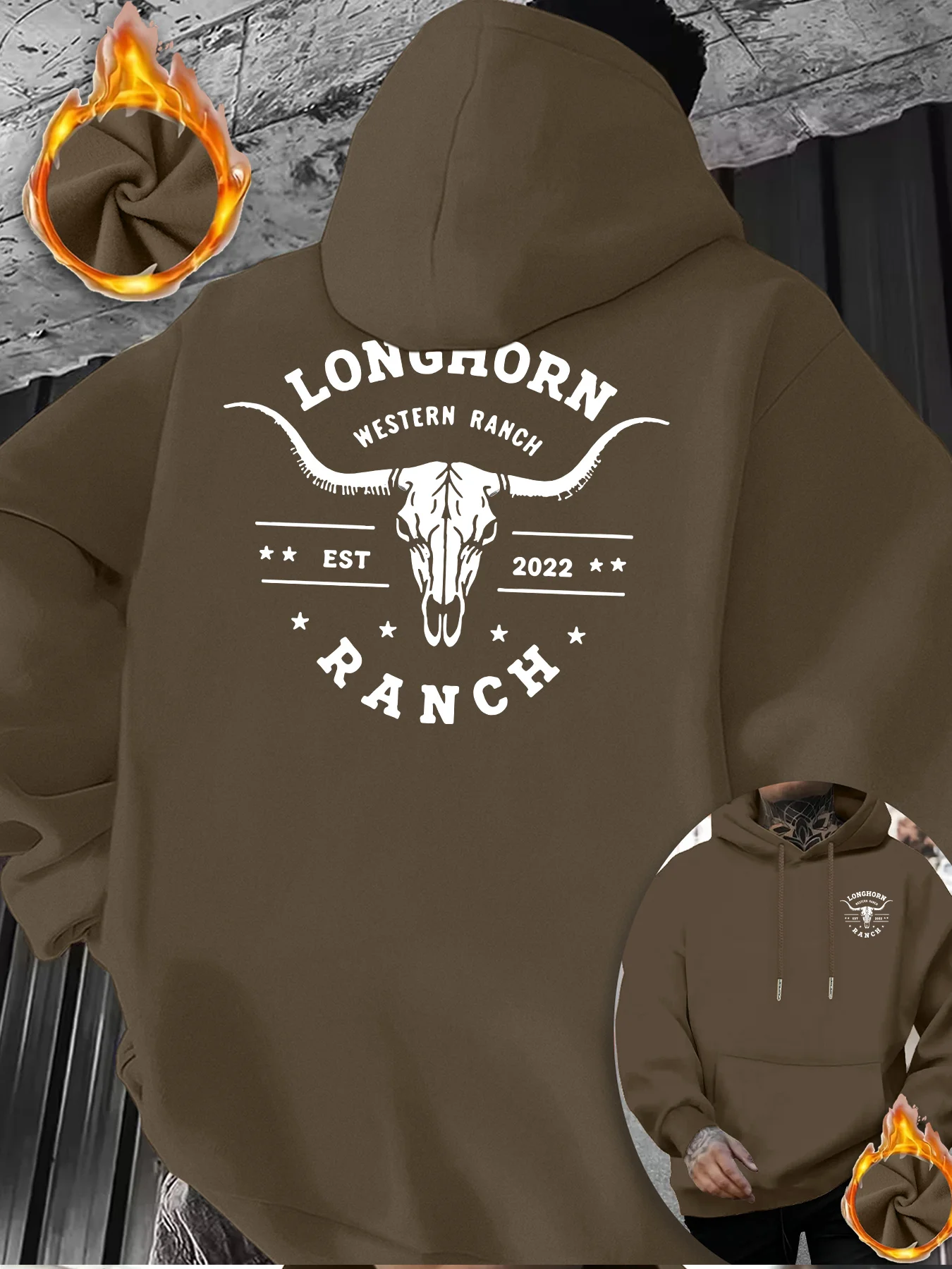 Herren Longhorn Western Ranch Bull Skull Grafik-Hoodie, bedruckter Cowboy Vintage Kapuzenpullover, locker geschnittener, übergroßer, lässiger Pullover. – Detail 3
