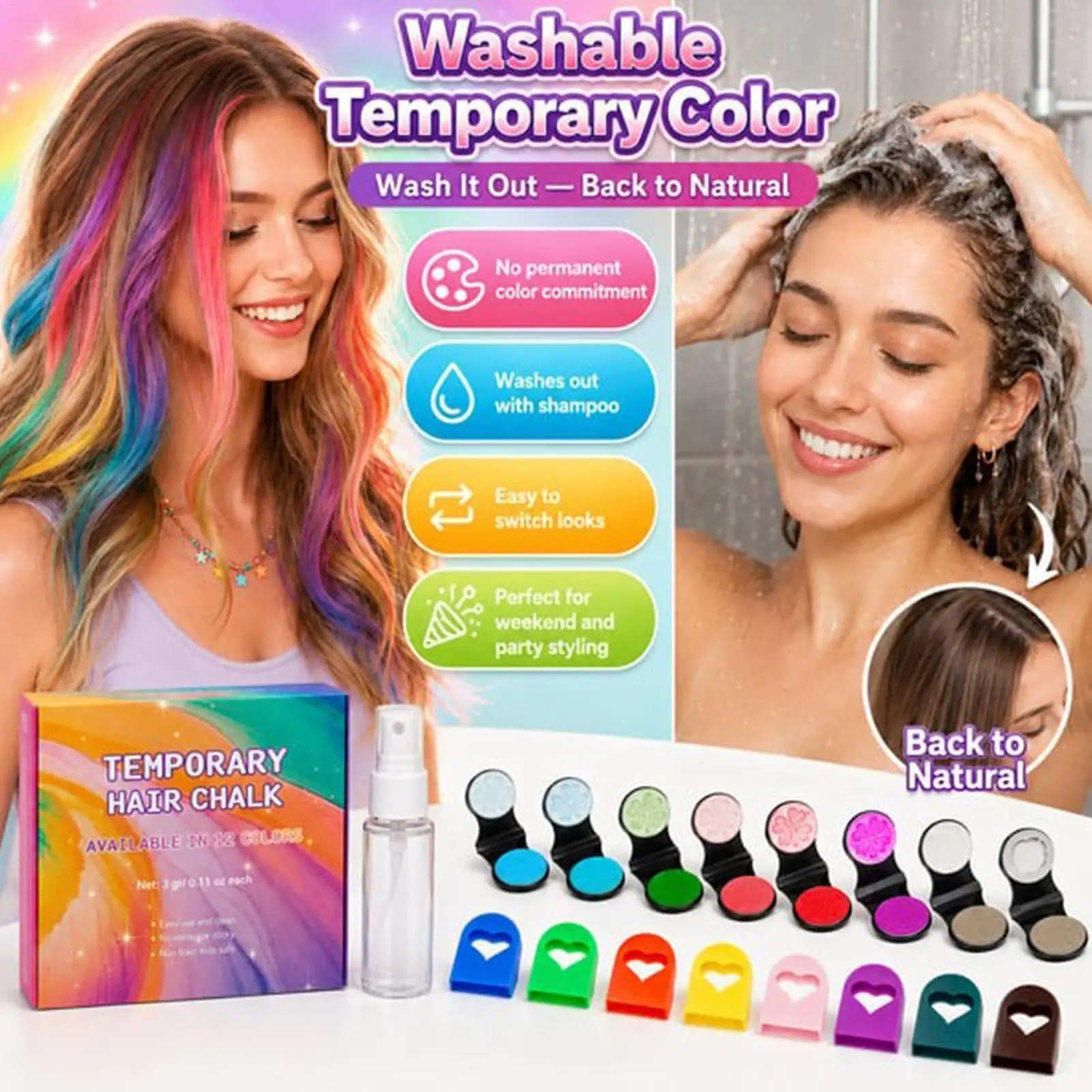 Temporary Hair Dye Chalk 12-Color Washable Cosplay Party Makeup Temporary Hair Dyeing Chalk for Costume Ball Masquerade Carnival