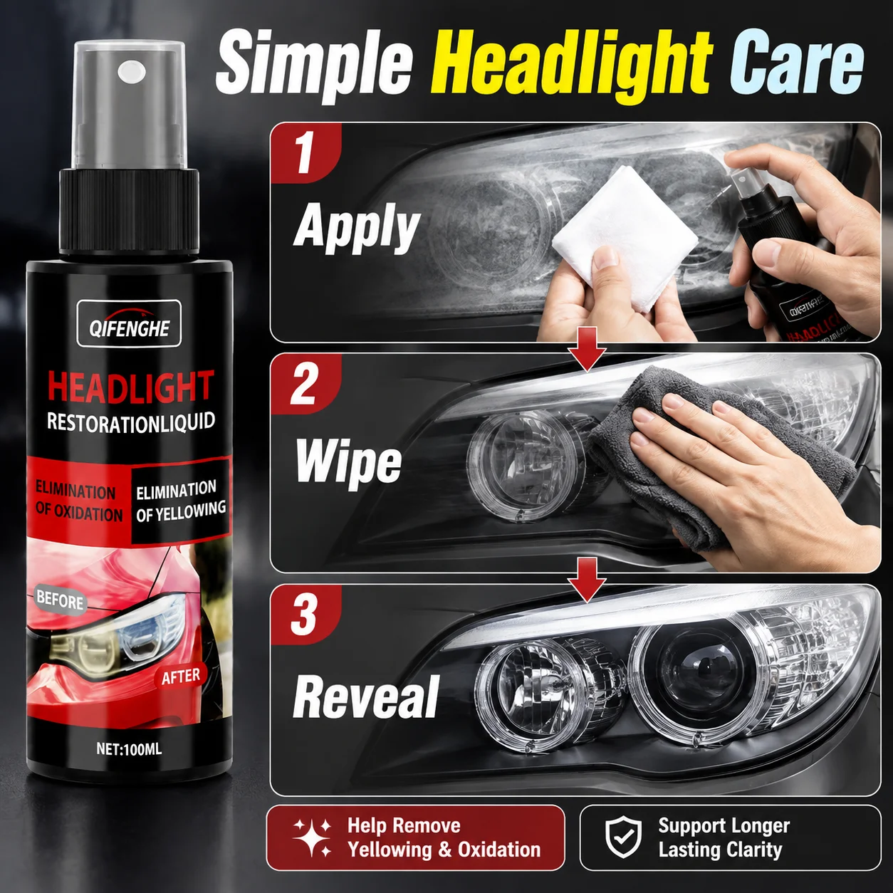 Car Headlight Restorer Spray. Removes Yellowing, Oxidation and Scratches. Restores Crystal Clear Lenses. Safe and Long Lasting.