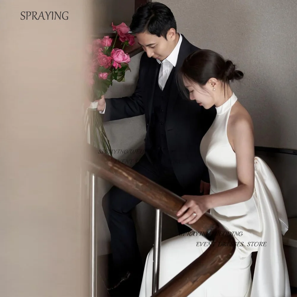 

SPRAYING High Collar Sleeveless Wedding Shooting Dresses 2024 Korea Custom Made Satin Simple Elegant Bridal Gown Backless