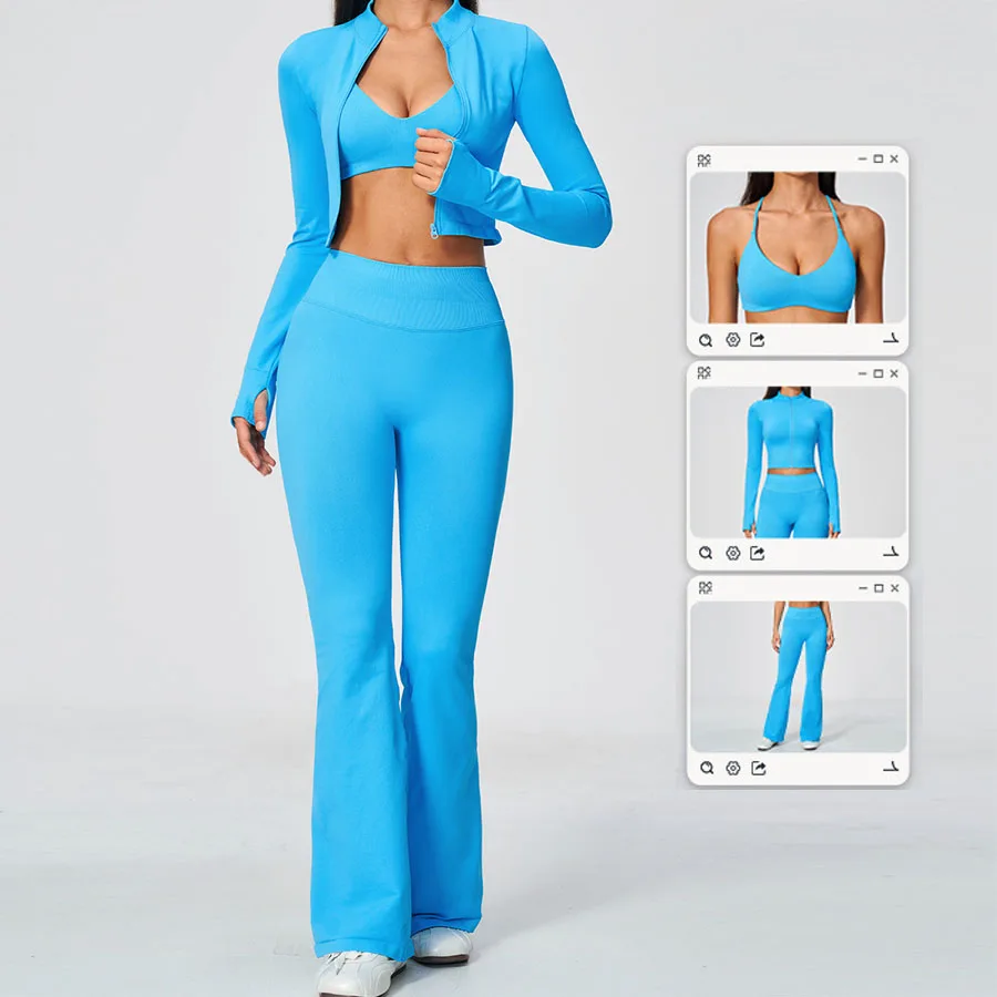 Damen-Trainingsanzug 3-teilig, Yoga-Anzug, nahtloses Sportset, ausgestellte Leggings, Fitness- und Laufoutfit, langärmelige Sportjacke, Yoga-Bekleidung – Detail 1