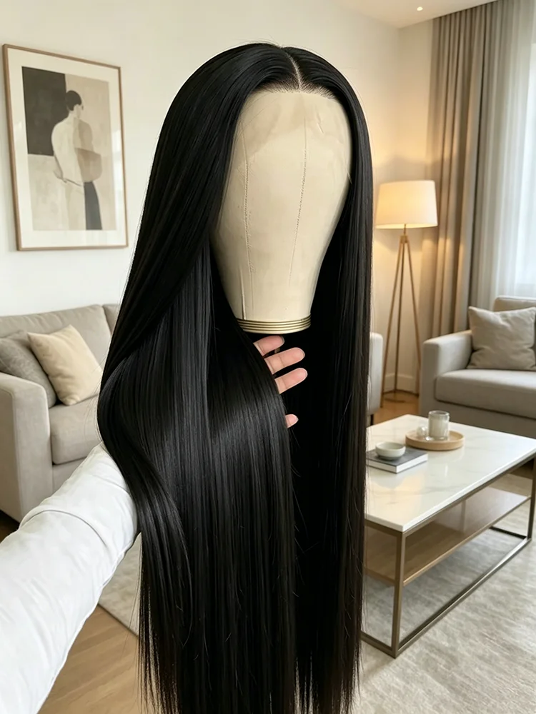 Perruques lisses et épaisses effet soyeux pour femmes noires, densité 250%, frontale en dentelle HD invisible 13x6, ligne de cheveux pré-épilée 13x4, 30-40 pouces