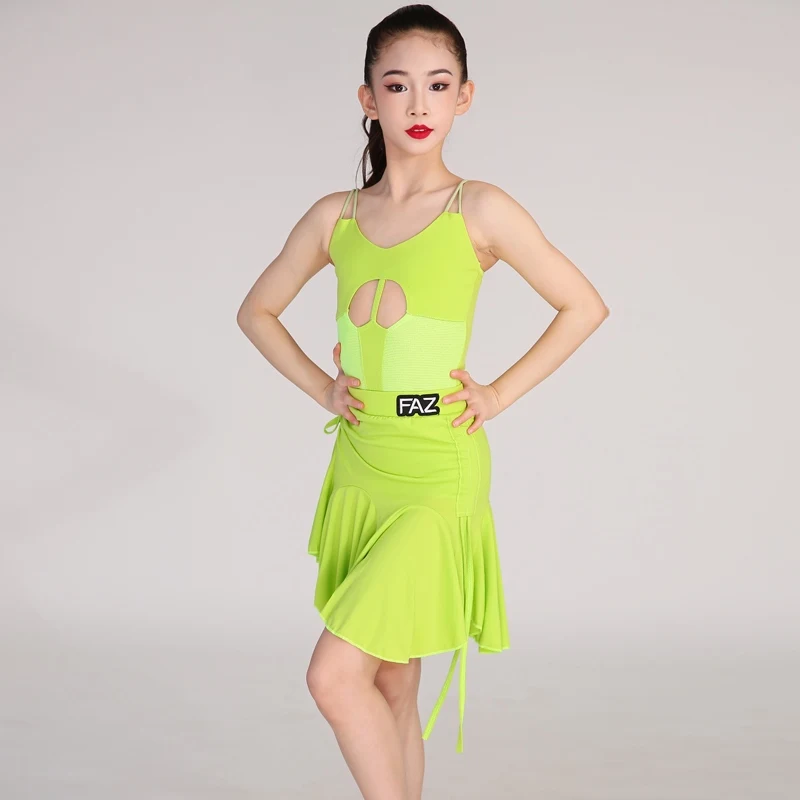 グリーンラテンダンスパーティードレス女の子ラテンダンスパフォーマンス衣装子供サンバ社交ダンス競技ドレス SL12512