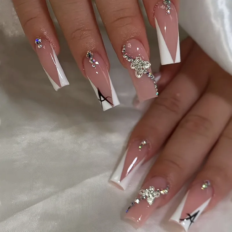 

24Pcs Long Square Head Press on Fake Nails White French Detachable False Nails 3D Butterfly Rhinestone Full Cover Nails Tips Art