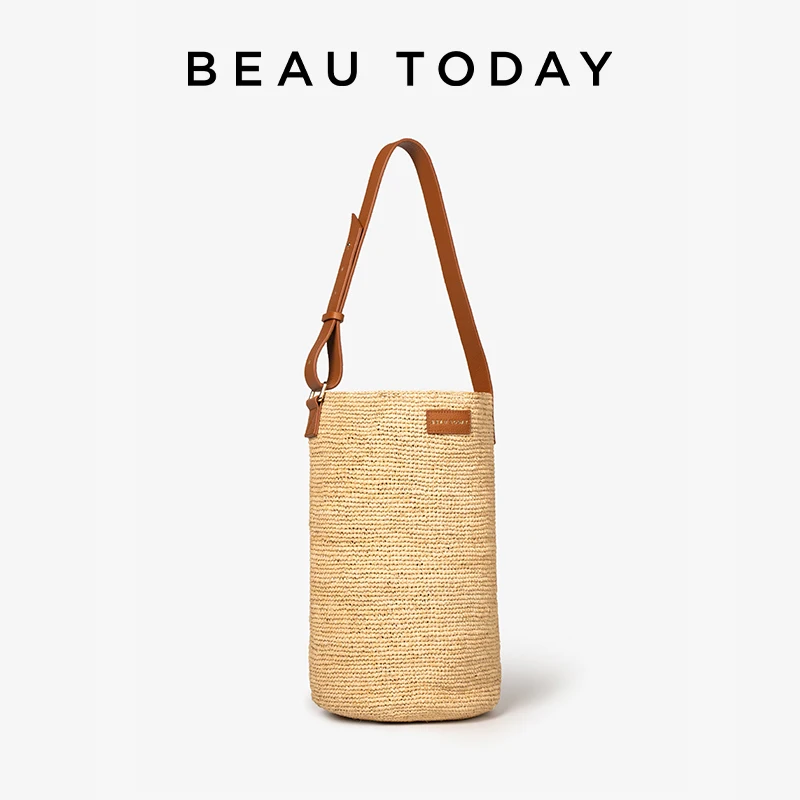 

BEAUTODAY Bucket Bags Women Raffia Solid Color Adjustable Straps Casual Woven Handbags Hasp Closing Ladies Bags Handmade 62087