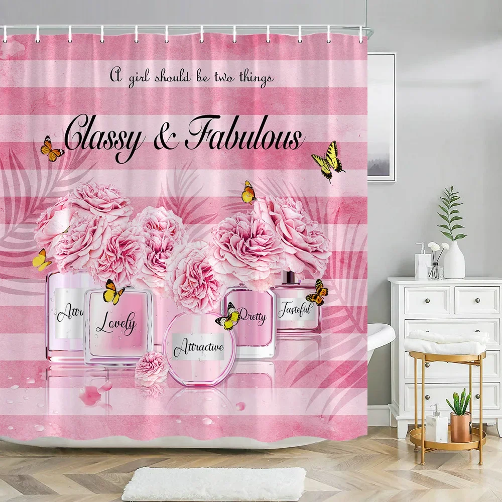 High Fashion Shower Curtains Perfume Bottle Flower Butterfly Pink and Black Luxury Fabric Bath Curtain With Hooks Bathroom Decor