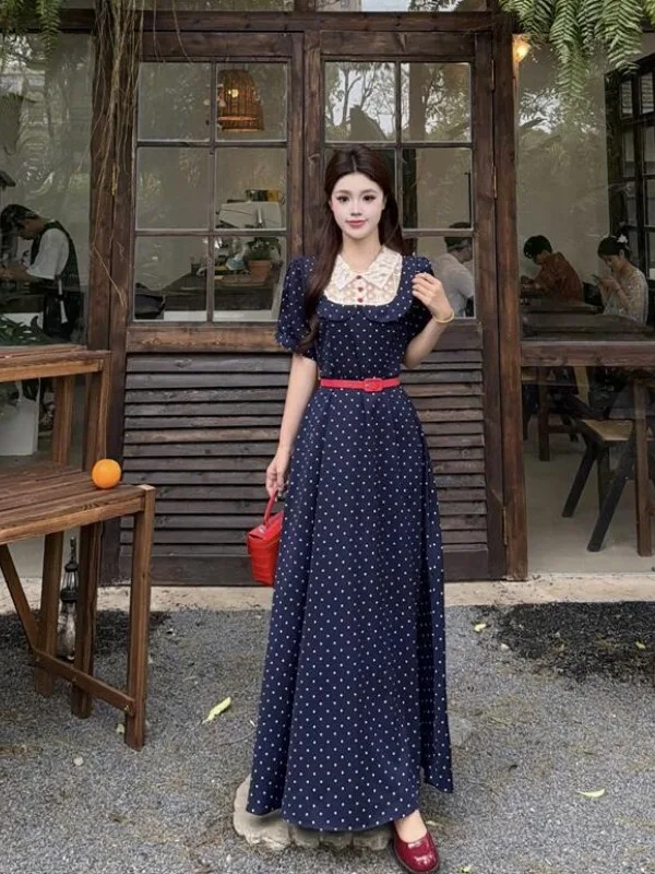 

plus Size Women's Polka Dot Contrast Color Collar Short Sleeve Dress Summer New Waist Cinched a Line Skirt French Style Slim Fit