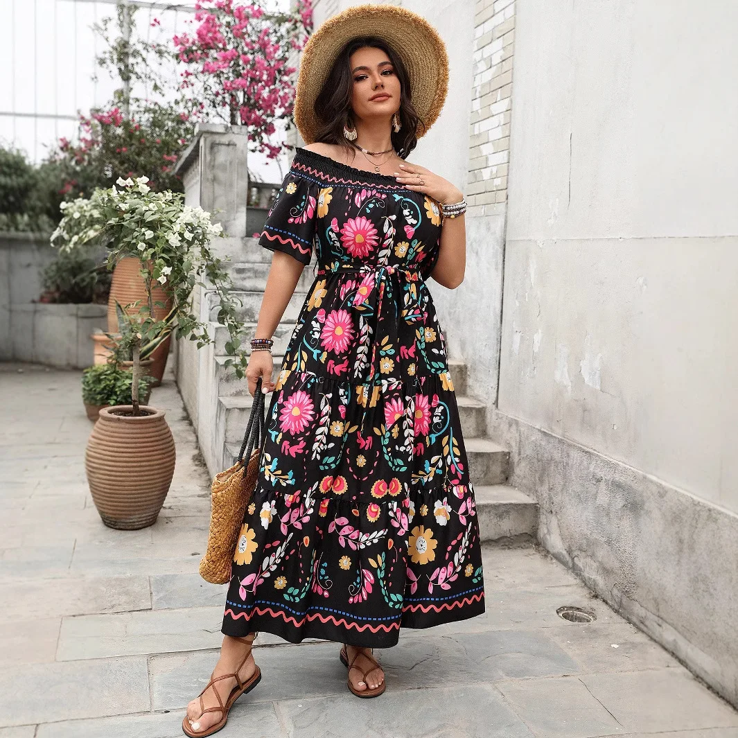 

Плюс Размер 4XL Цветочный принт ort Sve Long Dr Пляжное платье Женская свободная юбка с низкой талией из полиэфирного волокна в один шаг