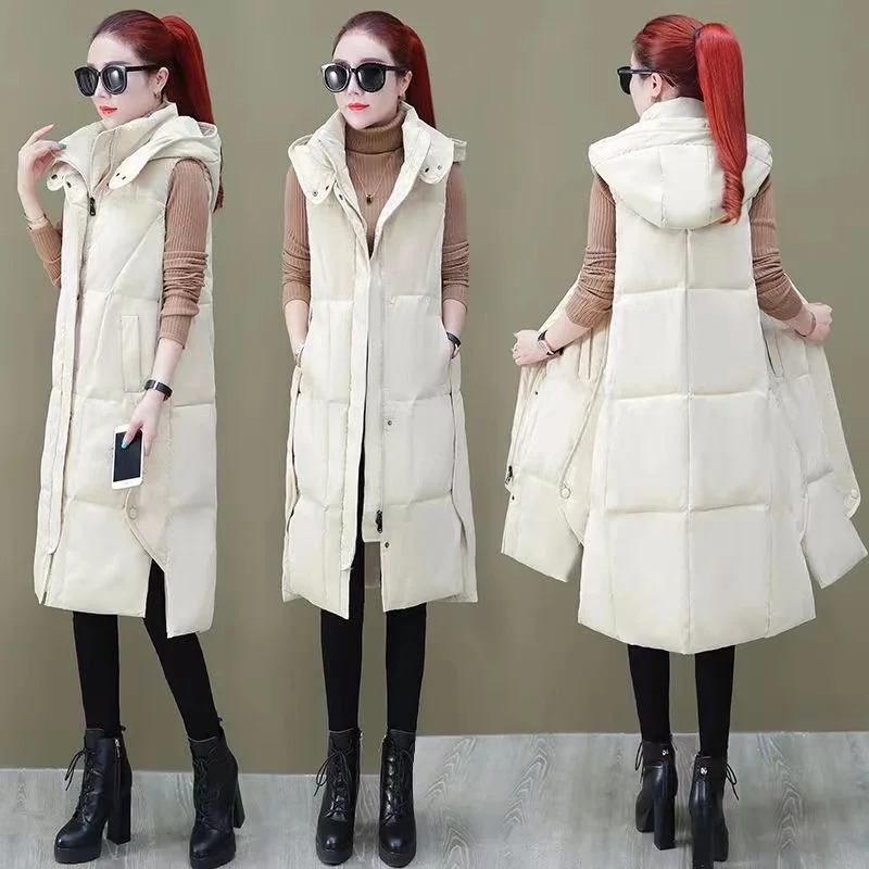 

Women Warm Vest Coat Solid Long Hooded Outerwear Thicken Cotton Waistcoat Autumn Winter Female Sleeveless Jacket Chaleco Mujer