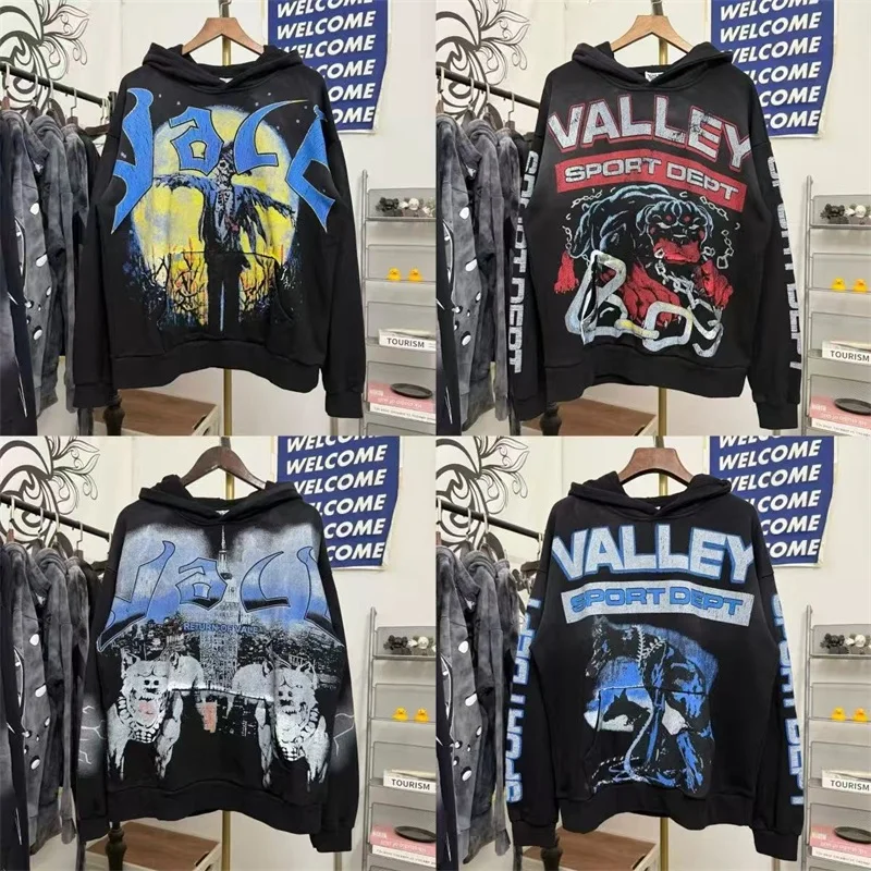 كبير الكلب طباعة VALLEY رجل هوديس غسلها الأسود القطن الخالص الأمريكية الهيب هوب فالي المتضخم مقنعين بلوزات