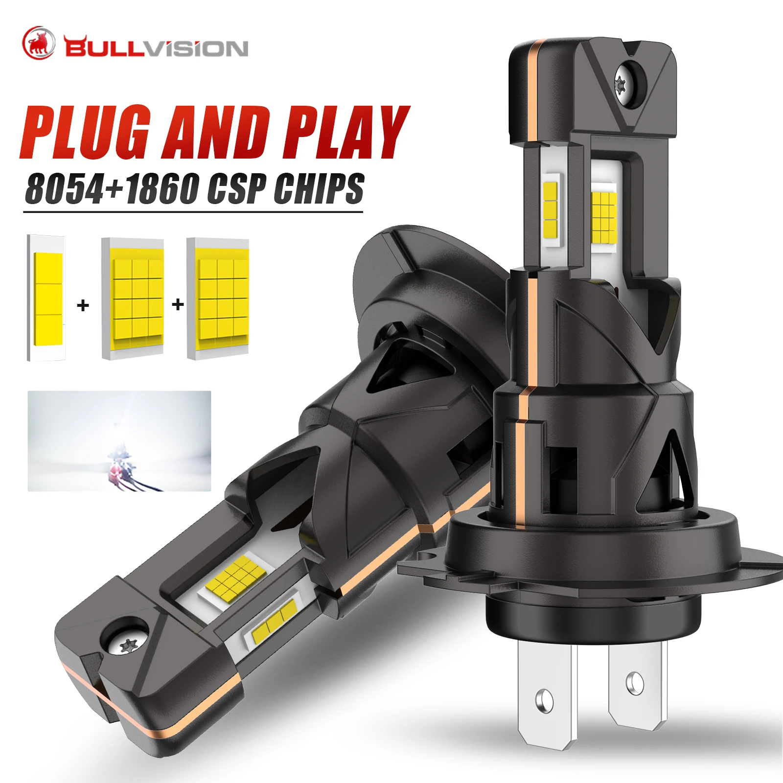 Bullvision H7 Gniazdo LED do reflektorów samochodowych 300W Wysokowydajna Turbo Żarówka 6000K 3-stronny Chip Mini Bezprzewodowa Lampa LED z Wentylatorem 12V