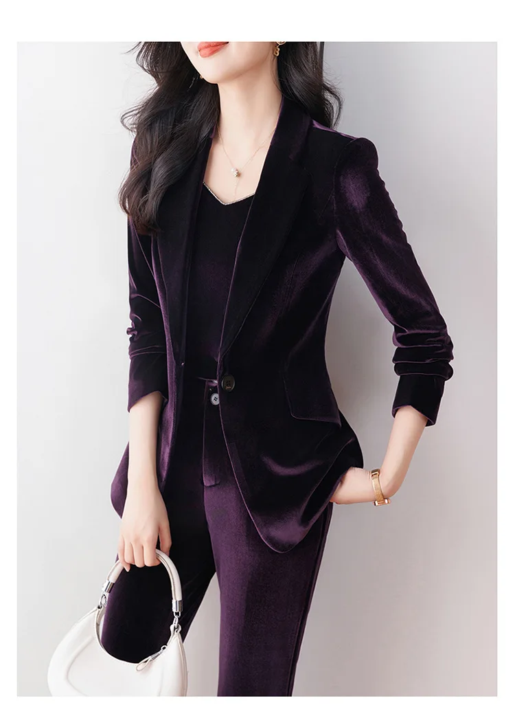 Autumn Winter High Quality Fabric Velvet Formal Pantsuits for Women Business Work Wear with Pants and Jackets Coat Blazers Set