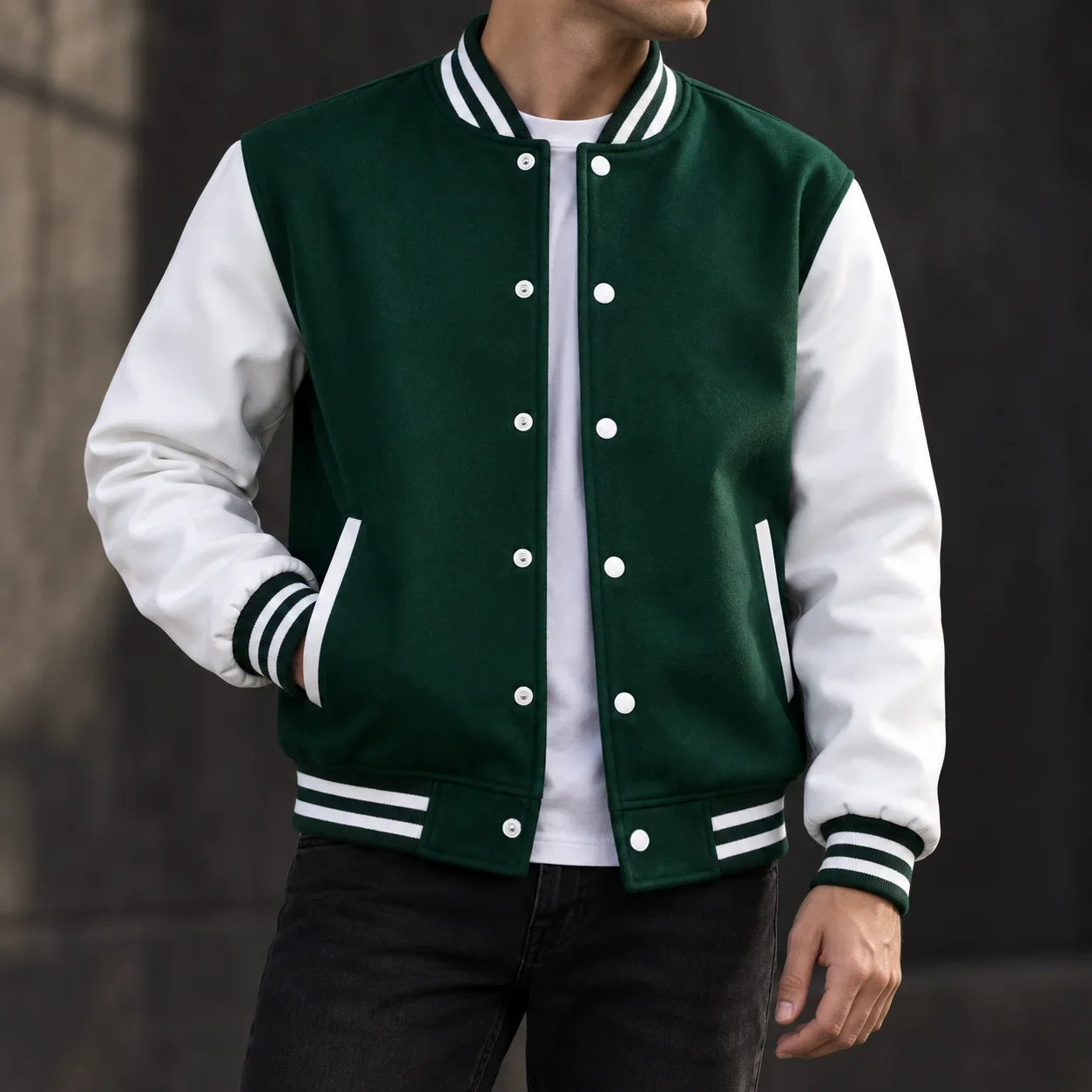 Men's Autumn Winter Baseball Jacket Casual Button Up Contrast Sleeve Loose Varsity Coat Streetwear Fashion College Outerwear Top